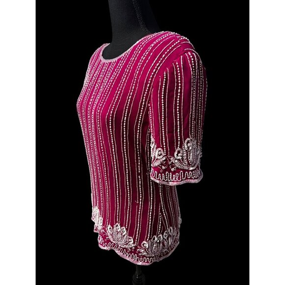 Vintage Fuchsia Beaded Silk Blouse With Pearl & Sequin Embellishments Short Slee - Picture 1 of 11
